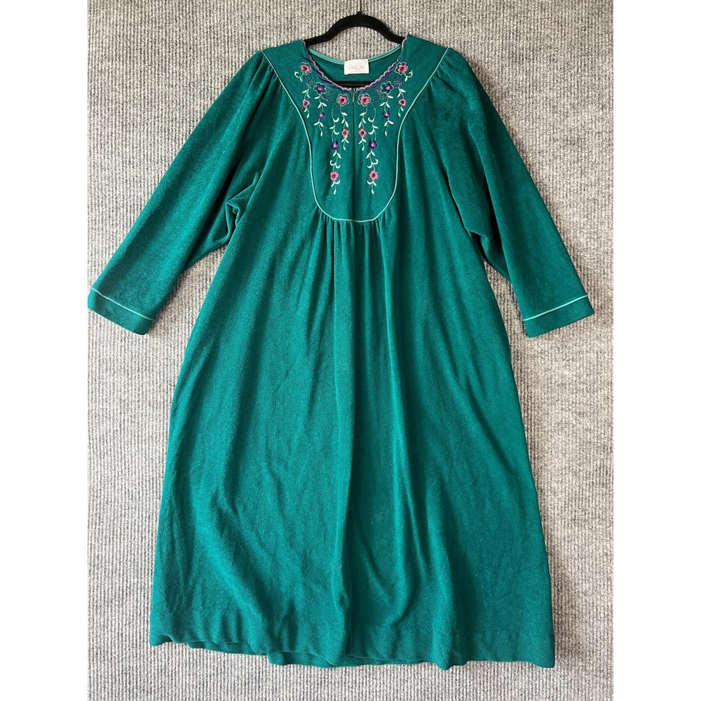 Vanity Fair Green Embroidered Robe Cottagecore Grannycore L 70s 80s